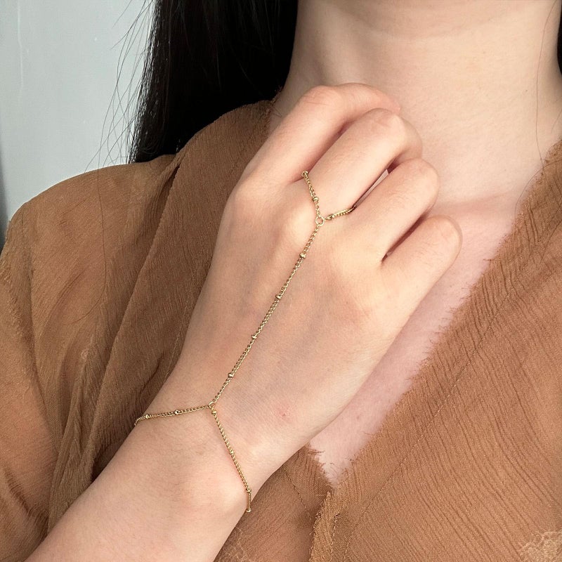 HTH Ring Bracelet Hand Chain for Women Adjustable Stainless Steel Beaded chain Finger Ring Bracelet(Gold) - Image 2