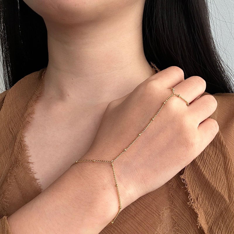 HTH Ring Bracelet Hand Chain for Women Adjustable Stainless Steel Beaded chain Finger Ring Bracelet(Gold) - Image 3