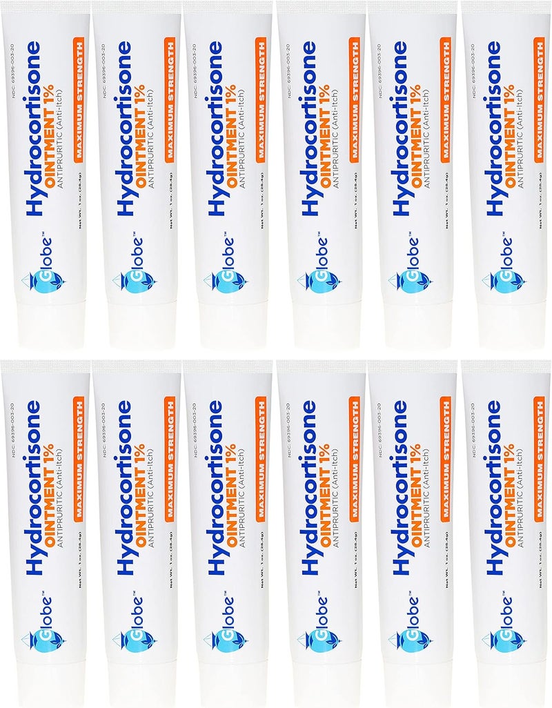 Globe مرهم هيدروكورتيزون 1% أقصى قوة شفاف 1 أونصة | مرهم مضاد للحكة للاحمرار، التورم، الحكة، الطفح الجلدي، التهاب الجلد، لدغات الحشرات/البعوض، الإكزيما، البواسير والمزيد (12 عبوة) - Image 1