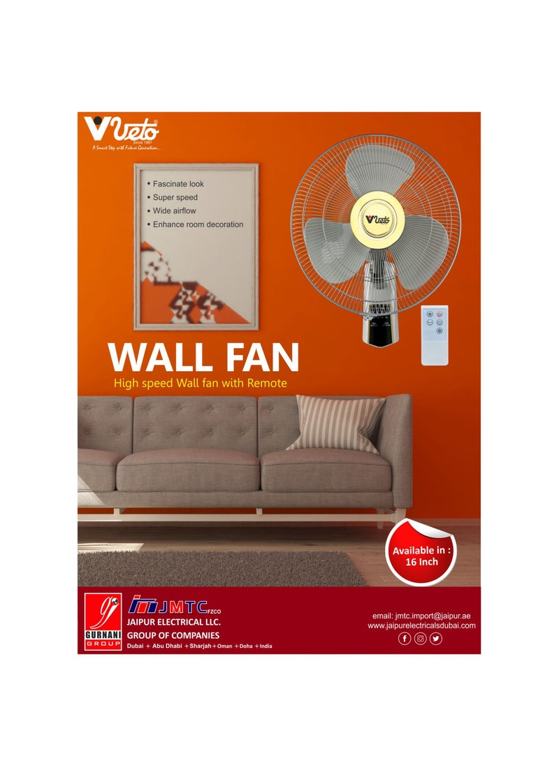Veto - Veto Wall Mounted Remote Control Electric Cooling Fan with Remote- Timer Smart Modern Design |16 inch Tilting Oscillating Rotating Fan for Home Office, White - Image 1