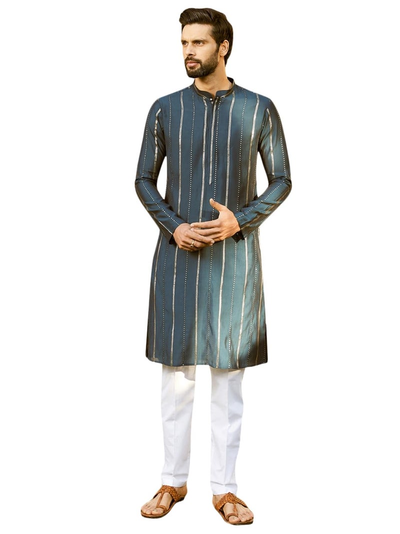 See Designs Men Full Sleeve Teal And Gold Chanderi Silk Sequins Mandarin Collar Side Slit Kurta With Pyjama - SDKT242801L - Image 1