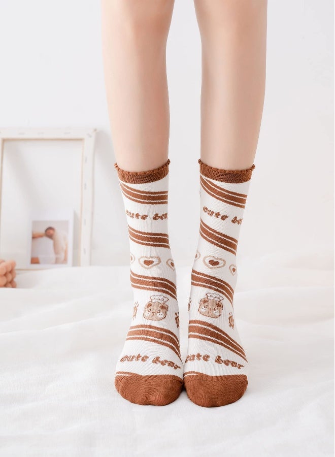 5 Pairs of Women's Combed Cotton Crew Socks, Casual and Fun Novelty Designs in Brown, White, and Grey for Everyday Wear - Image 3