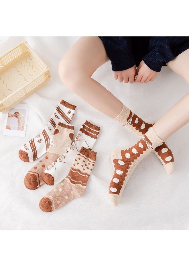 5 Pairs of Women's Combed Cotton Crew Socks, Casual and Fun Novelty Designs in Brown, White, and Grey for Everyday Wear - Image 5