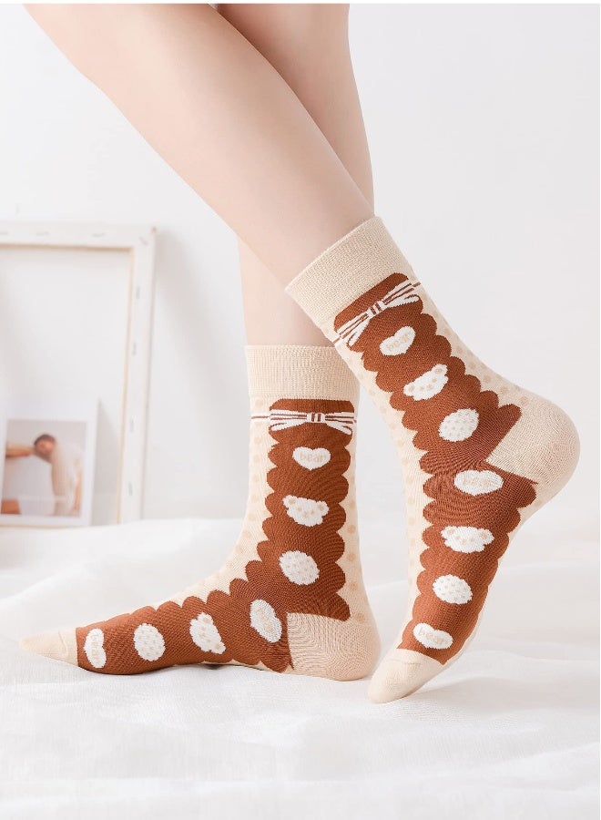 5 Pairs of Women's Combed Cotton Crew Socks, Casual and Fun Novelty Designs in Brown, White, and Grey for Everyday Wear - Image 2