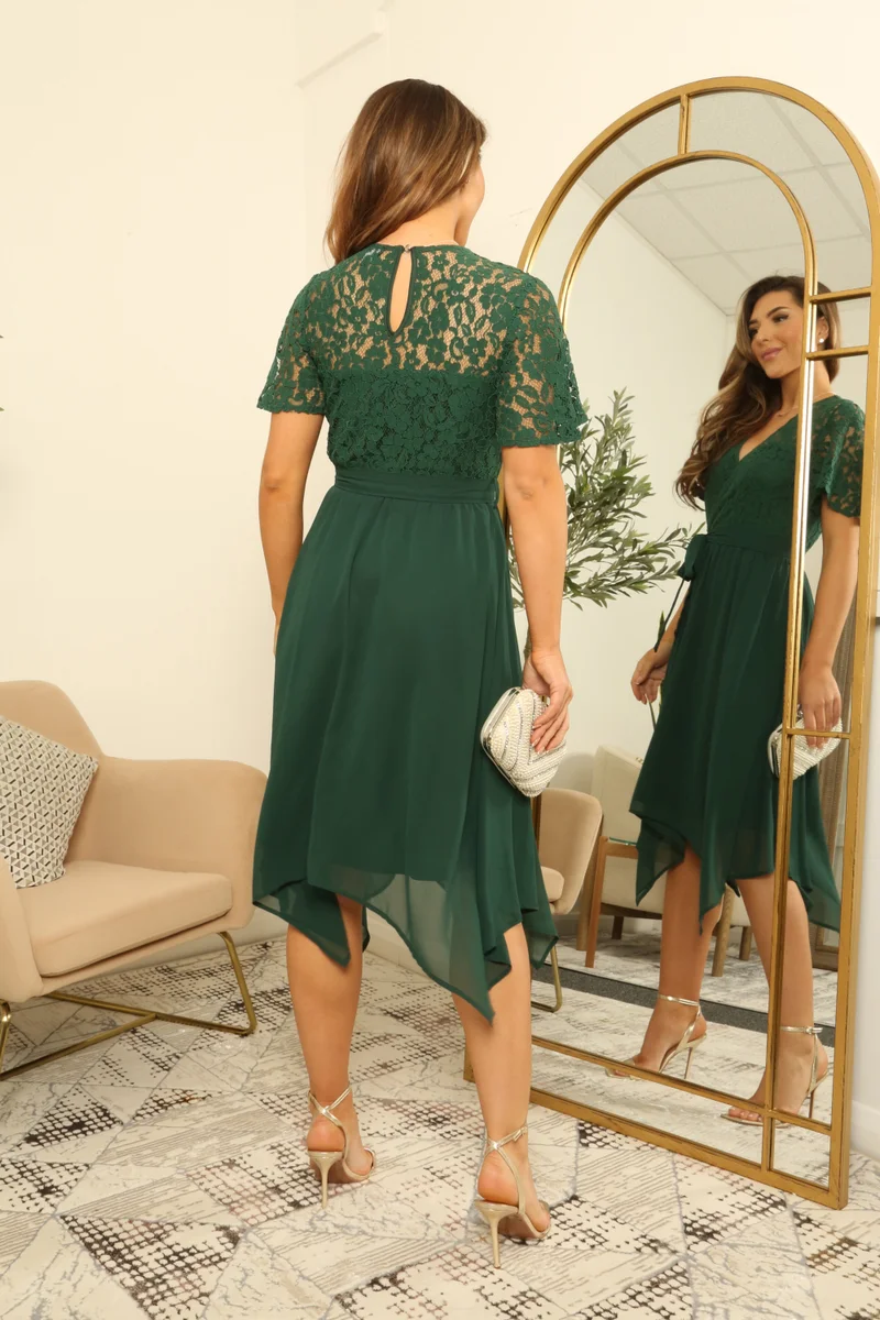 Double Second emerald green Lace Wrap Front Handkerchief Dress for Women | Best Price UAE
