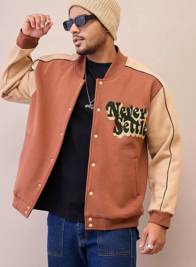 Sassafras Two-Tone Embroidered Varsity Jacket with Buttons