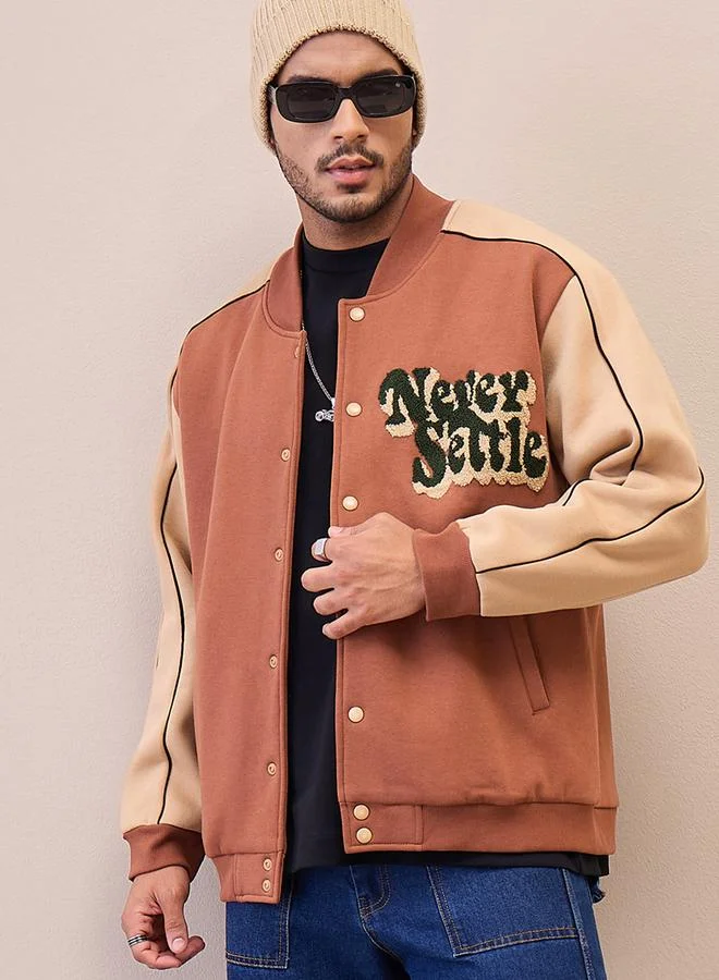Sassafras Two-Tone Embroidered Varsity Jacket with Buttons