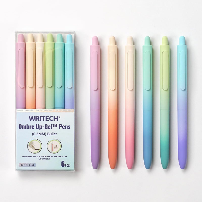 WRITECH أقلام جل WRITECH ذات النقطة الدقيقة: حبر أسود قابل للسحب 0.5 مم 6 قطع كتابة سلسة بدون تسرب مع برميل قلم بتدرج جمالي لتدوين الملاحظات والرسم - Image 1