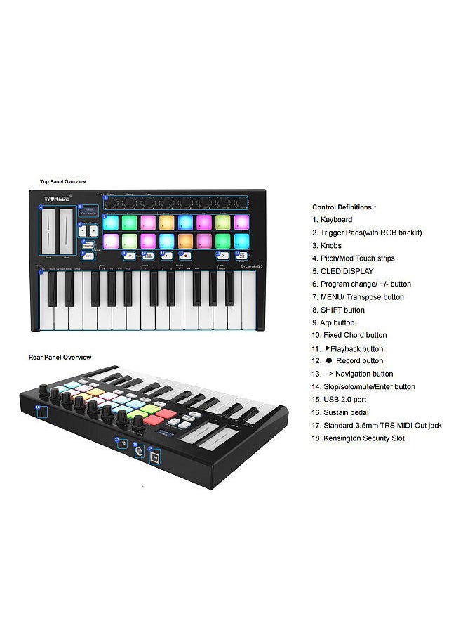 WORLDE - Orca Mini25 Portable 25-Key Usb Midi Keyboard Controller With 16 Rgb Backlit Trigger Pads 8 Assignable Control Knobs - Image 1