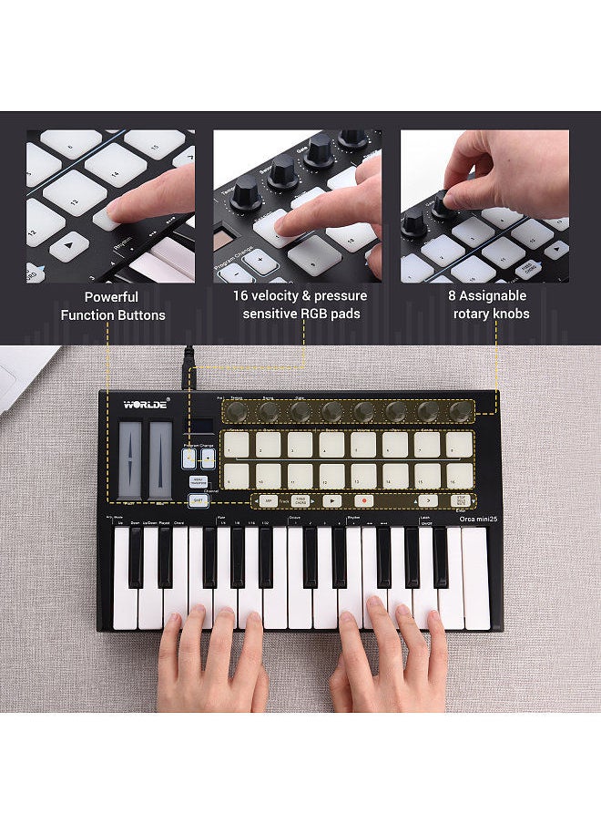 WORLDE - Orca Mini25 Portable 25-Key Usb Midi Keyboard Controller With 16 Rgb Backlit Trigger Pads 8 Assignable Control Knobs - Image 1