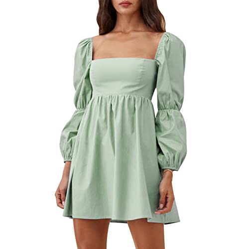 EXLURA Womens 2025 Square Neck Dress Long Puff Sleeve A-Line Casual Short Mini Dresses Light Green - Image 1