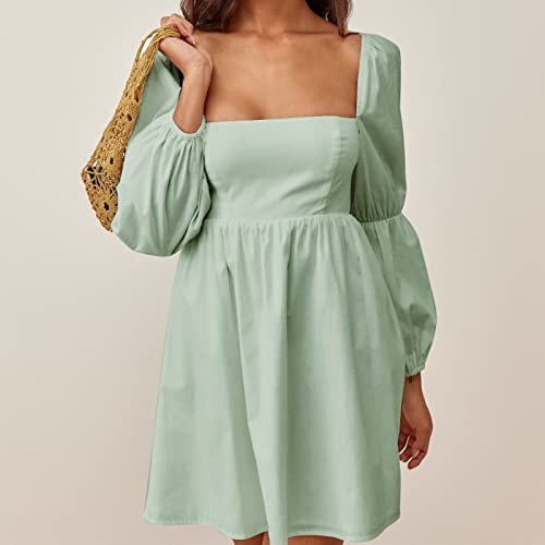 EXLURA Womens 2025 Square Neck Dress Long Puff Sleeve A-Line Casual Short Mini Dresses Light Green - Image 2