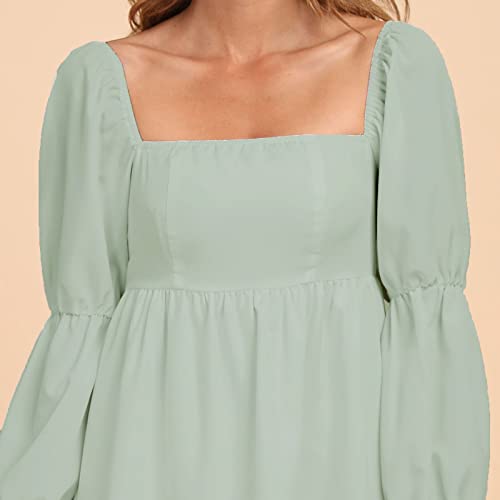 EXLURA Womens 2025 Square Neck Dress Long Puff Sleeve A-Line Casual Short Mini Dresses Light Green - Image 5