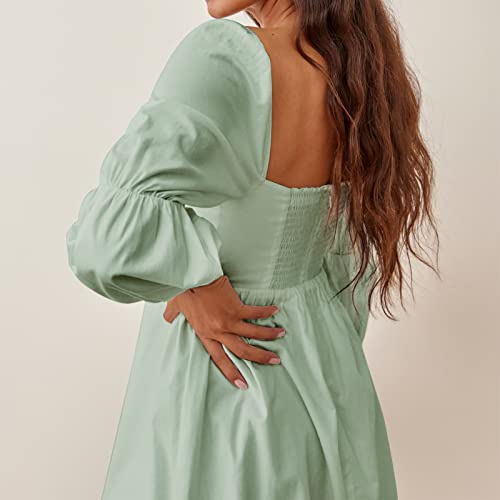 EXLURA Womens 2025 Square Neck Dress Long Puff Sleeve A-Line Casual Short Mini Dresses Light Green - Image 4