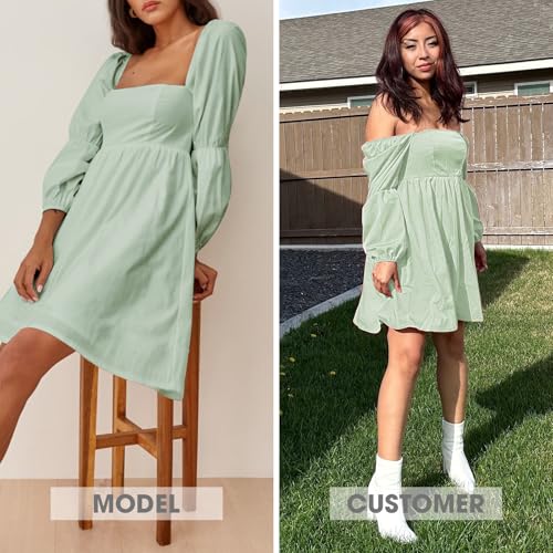 EXLURA Womens 2025 Square Neck Dress Long Puff Sleeve A-Line Casual Short Mini Dresses Light Green - Image 3