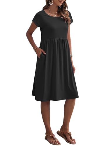 AUSELILY Women's Summer Short Sleeve Knee-Length Dresses Round Neck Loose Dress with Pockets 2026 New, Black L - Image 2