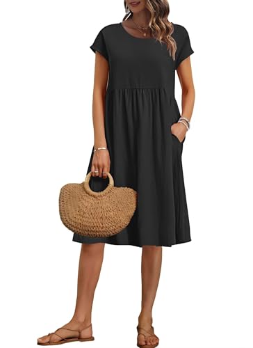 AUSELILY Women's Summer Short Sleeve Knee-Length Dresses Round Neck Loose Dress with Pockets 2026 New, Black L - Image 1