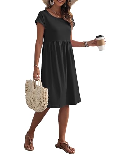AUSELILY Women's Summer Short Sleeve Knee-Length Dresses Round Neck Loose Dress with Pockets 2026 New, Black L - Image 5