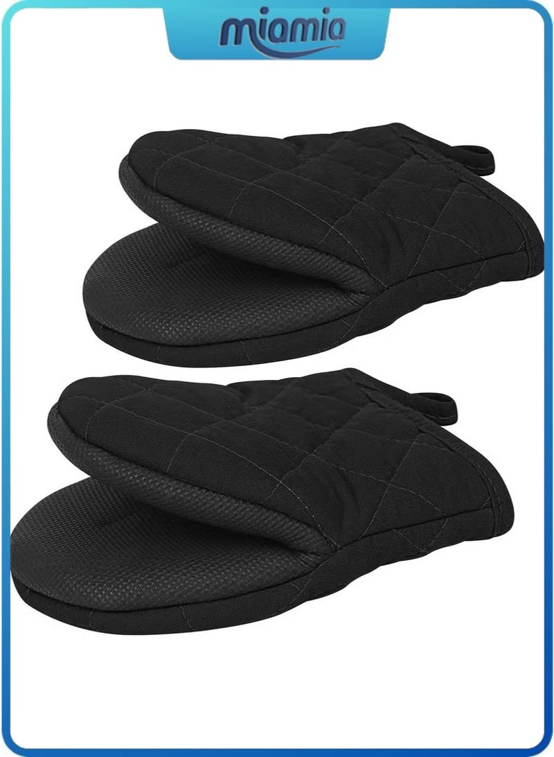 Miamia 1 Pair Short Oven Mitts - Silicone Kitchen Oven Gloves High Heat Resistant, Mini Oven Mits with Non-slip Grip Surfaces and Hanging Loop for BBQ, Baking, Cooking and Grilling (Black) - Image 1