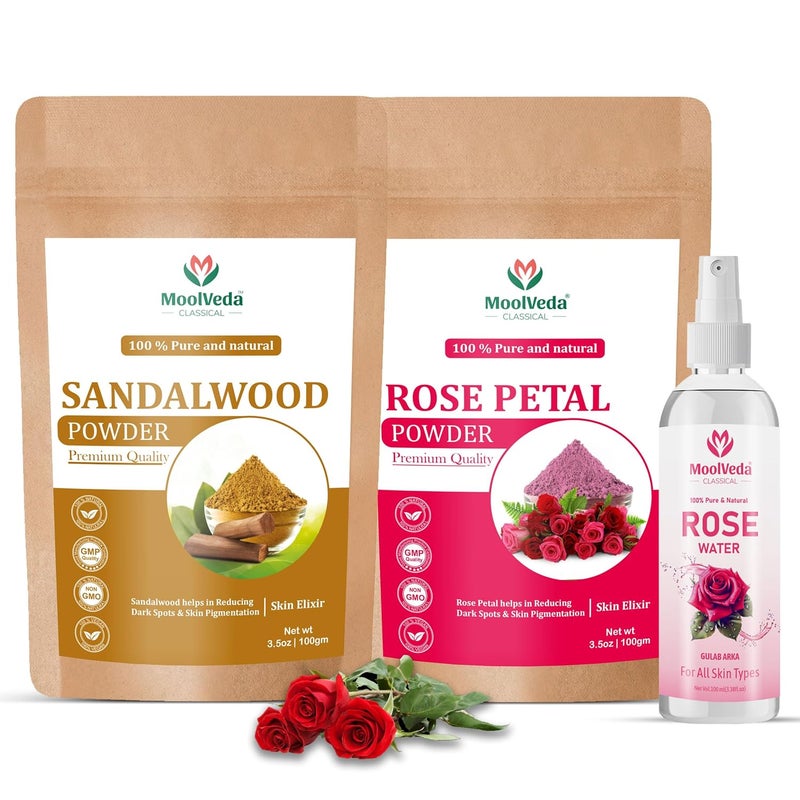 Moolveda Moolveda Pure Original Sandalwood Chandan Powder Rose Petal Powder Special Combo For Face Skin Skin Whitening Face mask Face Pack and Facial Skin Care Each 100Gm Rose water Free - Image 1
