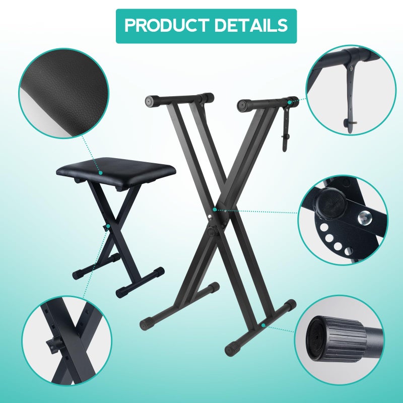Bazayona Keyboard Stand Piano Bench Set, Double X Adjustable Keyboard Stand Piano Stand with Lockable Straps, (Piano Keyboard Stand x 1, Piano Bench x 1), (7 Adjustable Heights), Black - Image 4