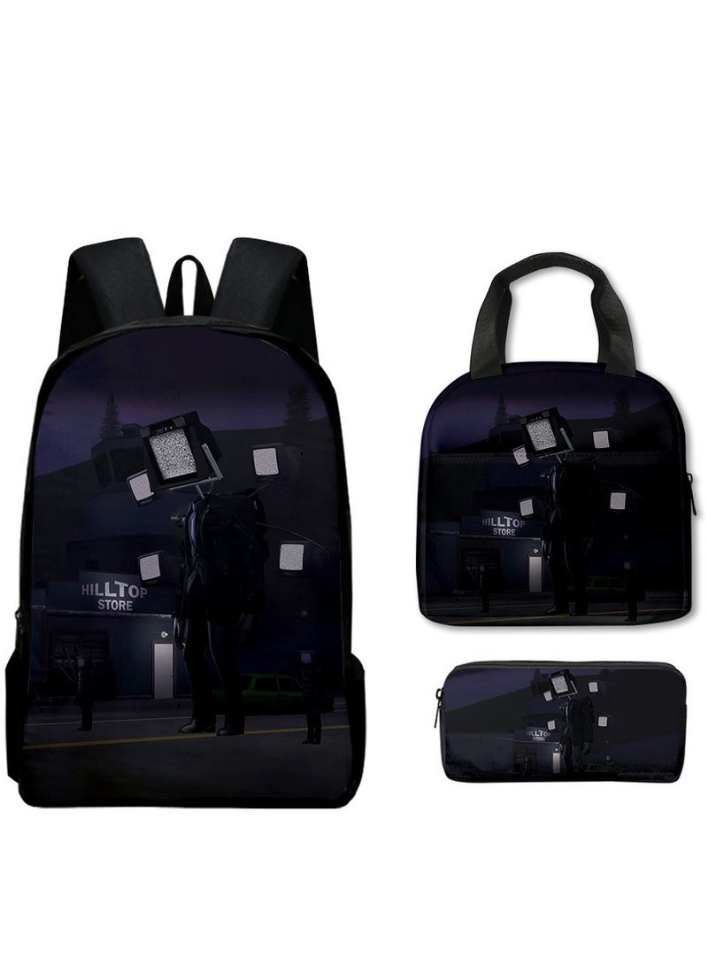 3 Piece Skibidi Toilet 3D Print Insulated Lunch Backpack Set Multicolour