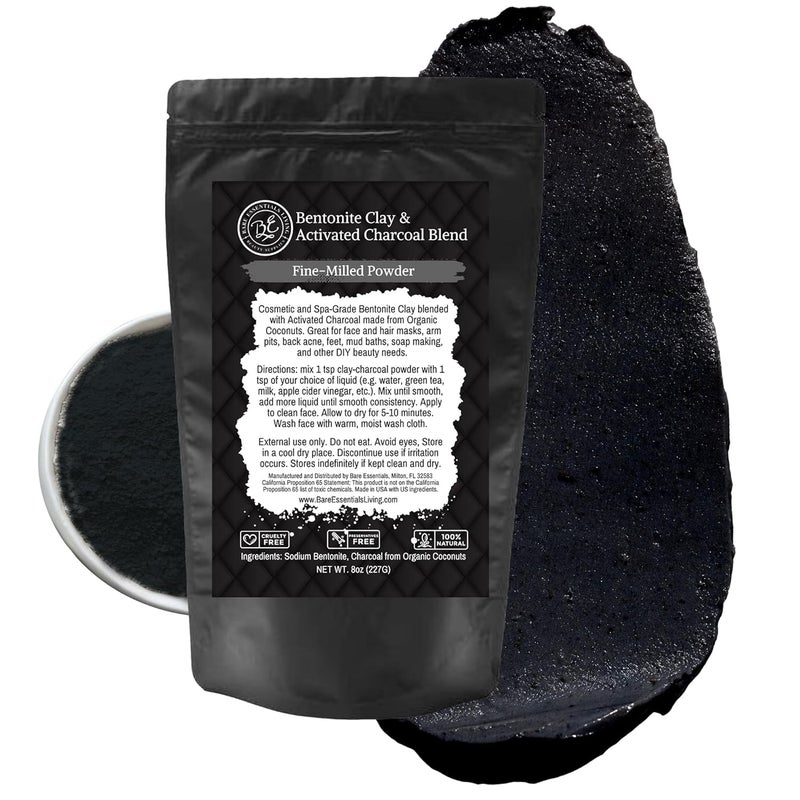 Bare Essentials Living  Bentonite Clay Powder and Activated Charcoal Powder Blend 8oz Great for Charcoal Face Mask Facial Hair Mud Mask DIY Bentonite Clay Toothpaste  Charcoal for Soap Making