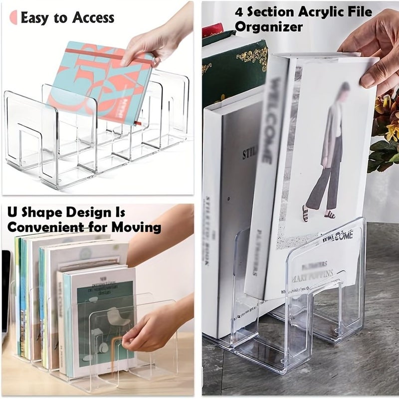 Transparent Acrylic Book Stand Four Grid Storage Rack Durable Office Desk Organizer - Image 3