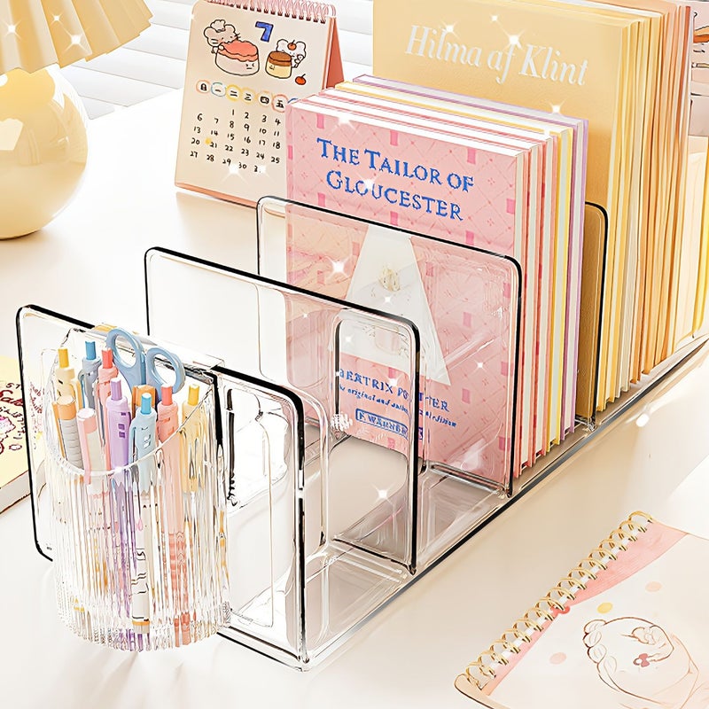 Transparent Acrylic Book Stand Four Grid Storage Rack Durable Office Desk Organizer - Image 1