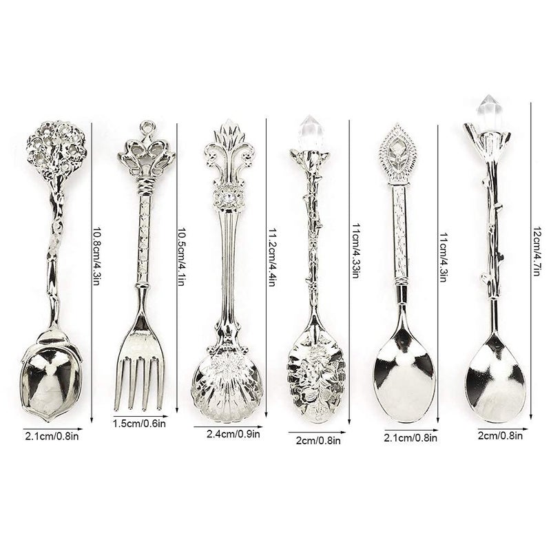 Zerodis 6Pcs Teaspoon Set, Small Vintage Retro Royal Zinc Alloy Dessert Spoon with Fork Silverware Tableware Coffee Spoon for Home Kitchen Cafe Sugar Stir Ice Cream Cake - Image 2