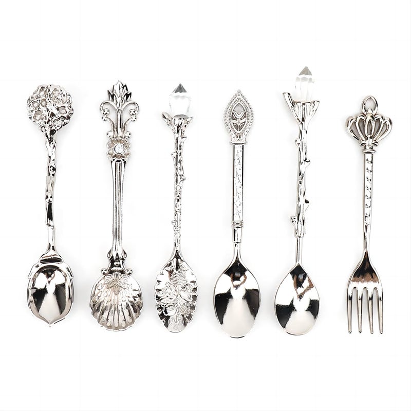 Zerodis 6Pcs Teaspoon Set, Small Vintage Retro Royal Zinc Alloy Dessert Spoon with Fork Silverware Tableware Coffee Spoon for Home Kitchen Cafe Sugar Stir Ice Cream Cake - Image 1