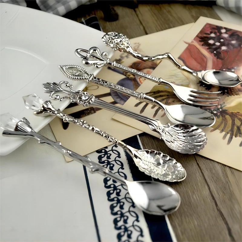 Zerodis 6Pcs Teaspoon Set, Small Vintage Retro Royal Zinc Alloy Dessert Spoon with Fork Silverware Tableware Coffee Spoon for Home Kitchen Cafe Sugar Stir Ice Cream Cake - Image 4