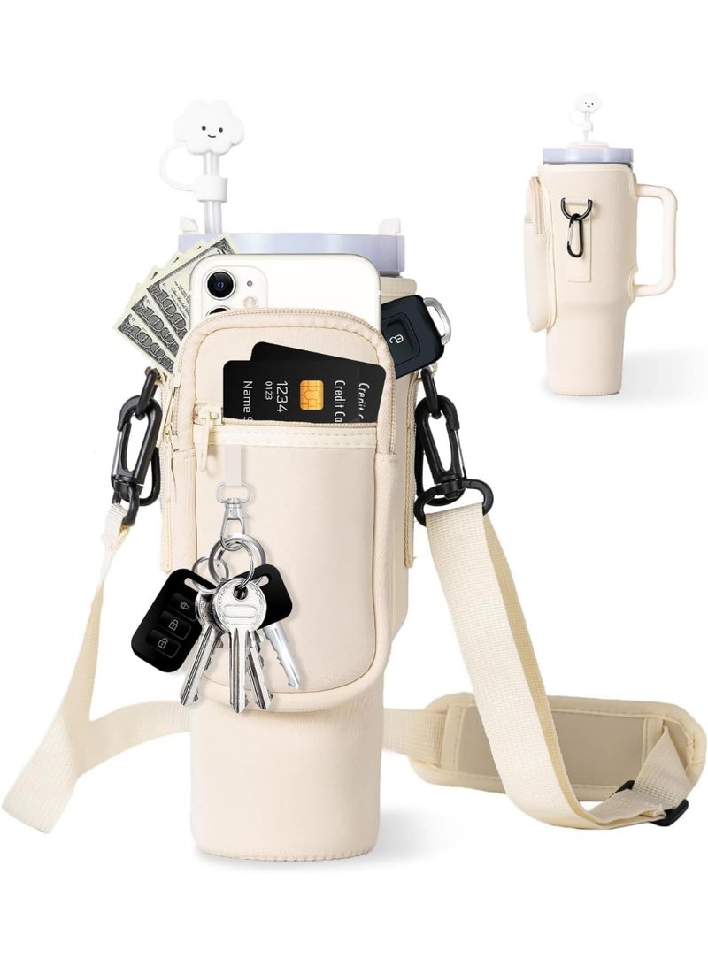 TRASSLE Water Bottle Carrier Bag with Phone Pocket for Stanley 40oz Tumbler with Adjustable Strap Bollus with Straw Cover & Carabiner for Stanley Cup Accessories (Beige) - Image 1