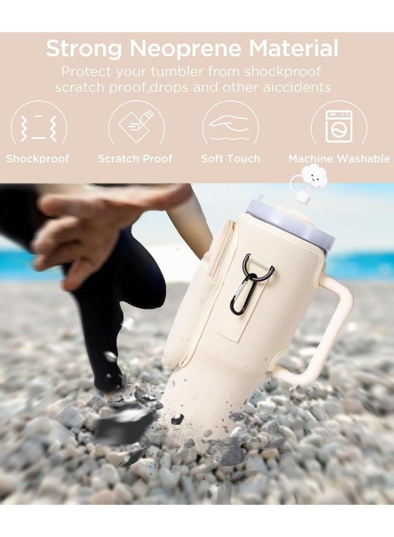 TRASSLE Water Bottle Carrier Bag with Phone Pocket for Stanley 40oz Tumbler with Adjustable Strap Bollus with Straw Cover & Carabiner for Stanley Cup Accessories (Beige) - Image 3