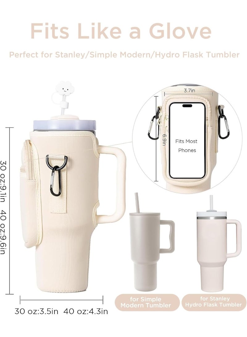 TRASSLE Water Bottle Carrier Bag with Phone Pocket for Stanley 40oz Tumbler with Adjustable Strap Bollus with Straw Cover & Carabiner for Stanley Cup Accessories (Beige) - Image 2