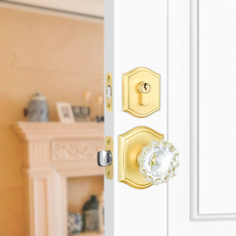 CLCTK Crystal Glass Passage Door Knob and Single Cylinder Deadbolt Combo Set Satin Brass Finish