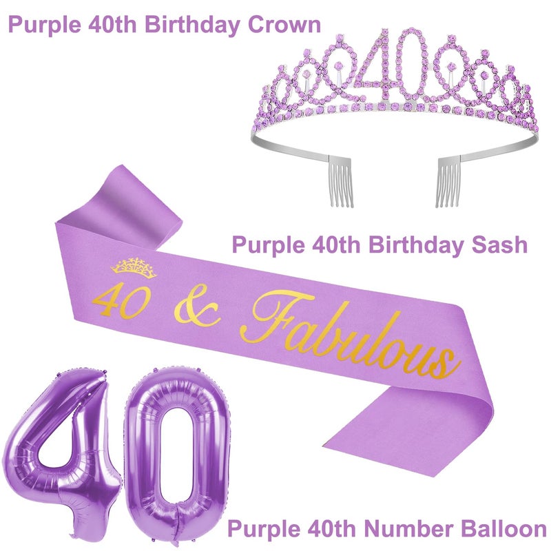YeohJoy 40th Birthday Decorations for Women Purple with 40th Birthday Sash and Crown, Cake Topper and Candles, Number Balloons, 40 Year Old Gifts for Women - Image 3