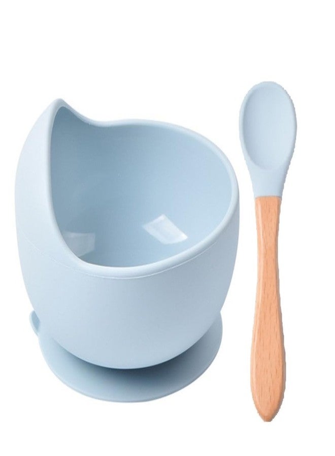 CEPLO Silicone Baby Bowl with Wooden Spoon, Suction Base, BPA-Free, Curved Walls for Self-Feeding, Dishwasher Safe Non-Slip, Non-Toxic, Bpa Free Silicone Baby Feeding Bowl (Sky Blue) - Image 1