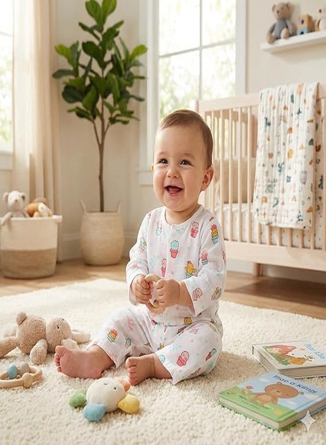 Bibs & cribs Muslin Night Suit for Baby Boy and Girl Full Sleeve Top and Pajama Set Lightweight Breathable Newborn Infant Toddler Sleepwear (Cactus Night Suit, 12 to 18 M) - Image 3