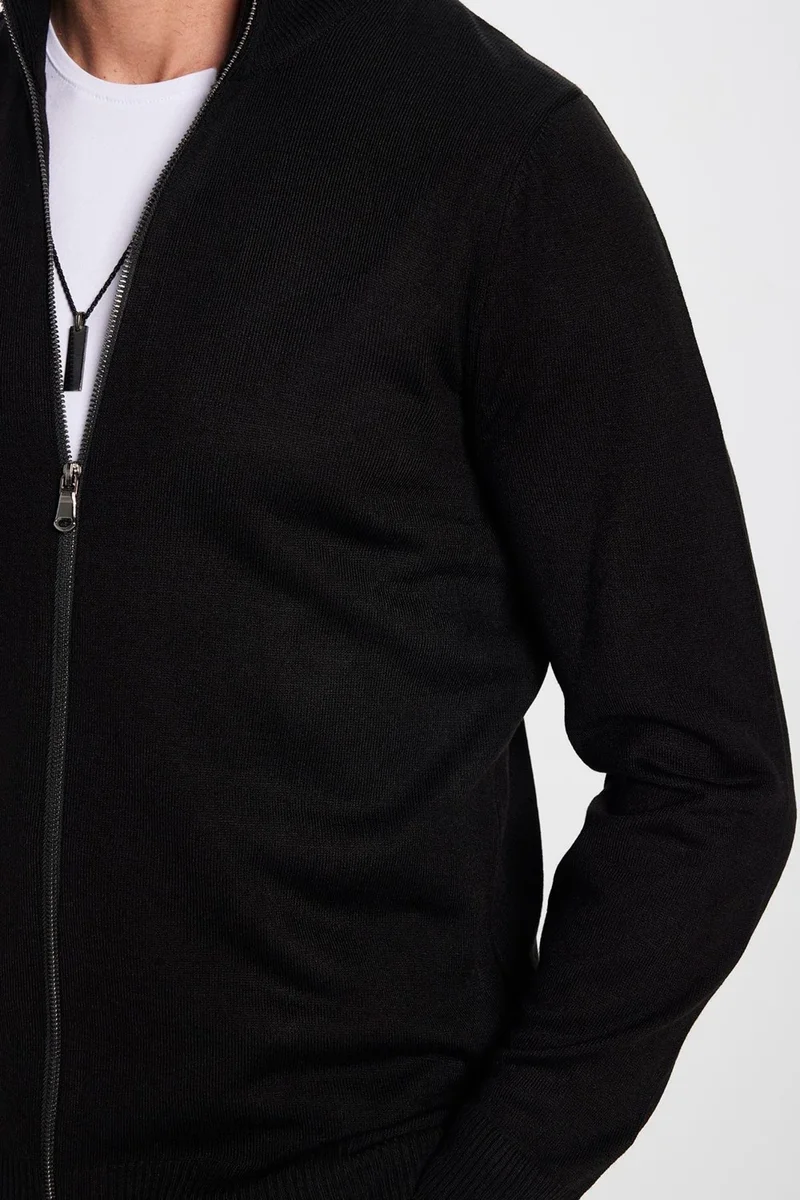 Tudors Men's Slim Fit Slim Cut Black Stand Collar Zippered Plain Cardigan