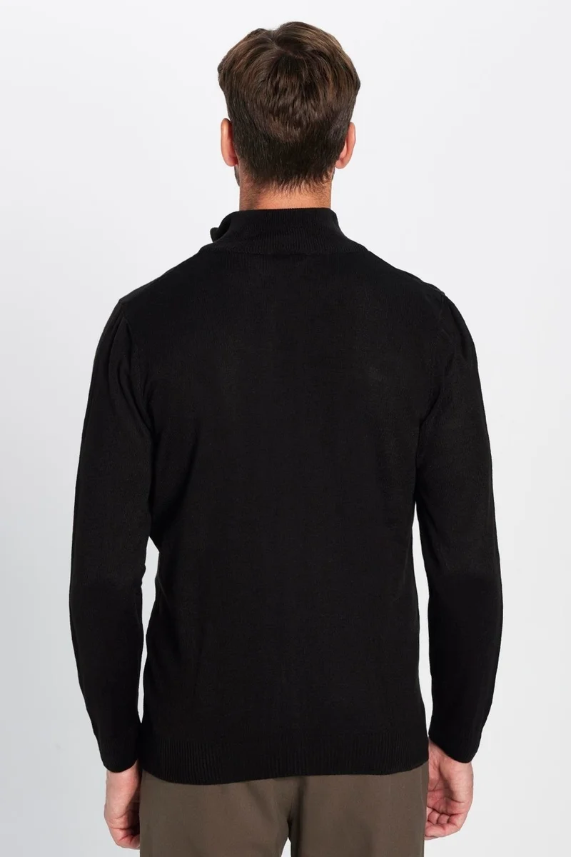 Tudors Men's Slim Fit Slim Cut Black Stand Collar Zippered Plain Cardigan