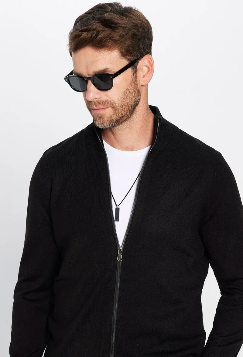 Tudors Men's Slim Fit Slim Cut Black Stand Collar Zippered Plain Cardigan