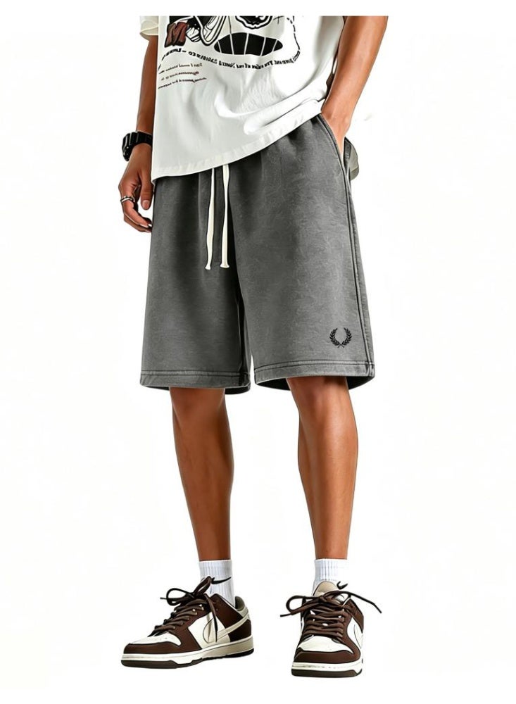 Fred Perry's ears of wheat are washed with water to make old sports shorts for men and women, and the same loose casual straight five-point pants, heavy cotton 300 grams. - Image 1