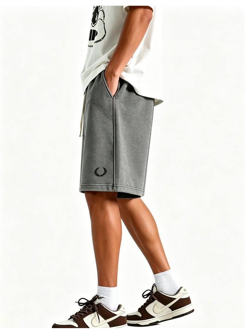 Fred Perry's ears of wheat are washed with water to make old sports shorts for men and women, and the same loose casual straight five-point pants, heavy cotton 300 grams. - Image 5