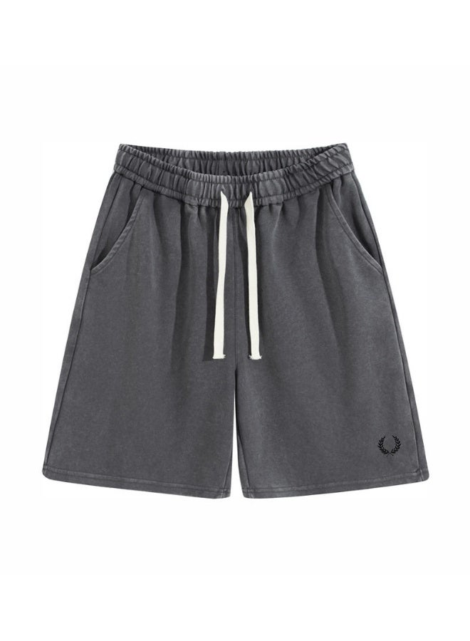 Fred Perry's ears of wheat are washed with water to make old sports shorts for men and women, and the same loose casual straight five-point pants, heavy cotton 300 grams. - Image 2