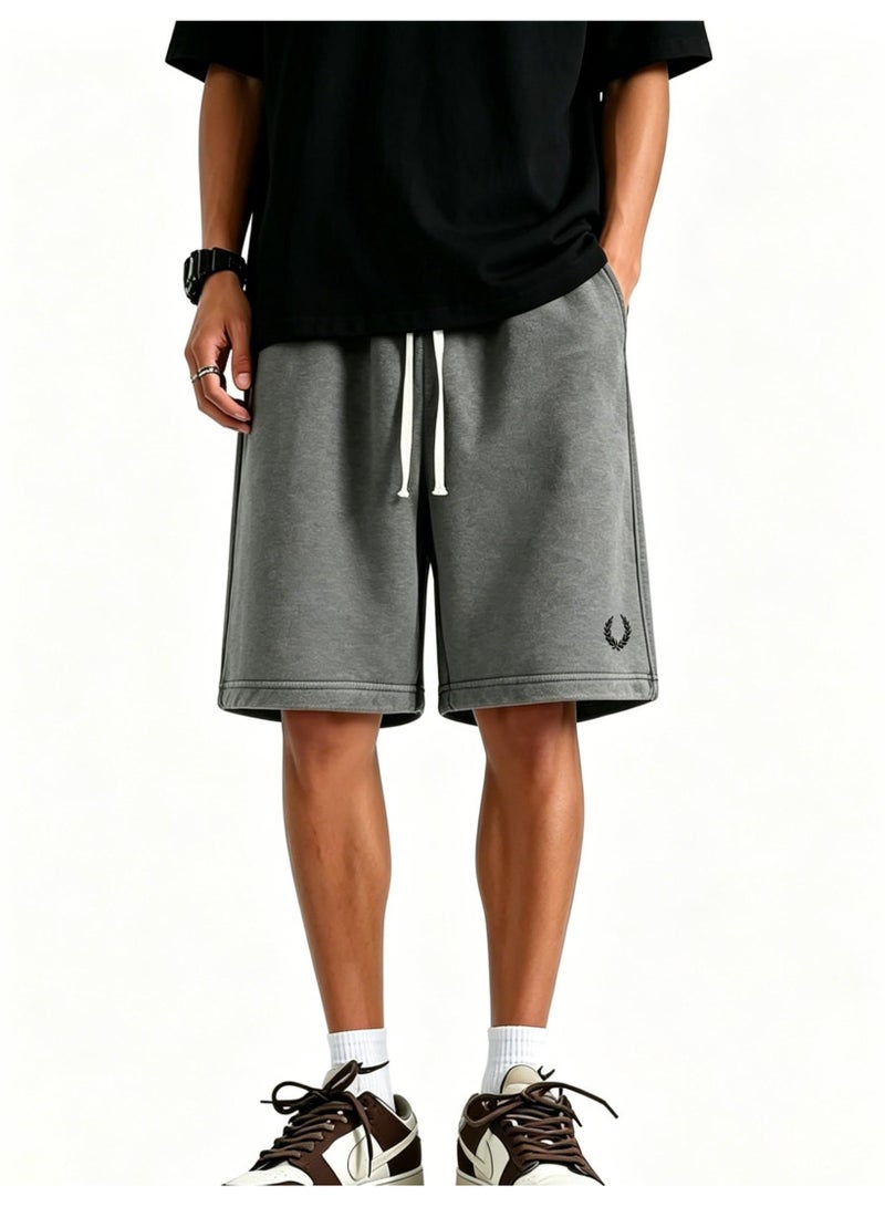 Fred Perry's ears of wheat are washed with water to make old sports shorts for men and women, and the same loose casual straight five-point pants, heavy cotton 300 grams. - Image 4