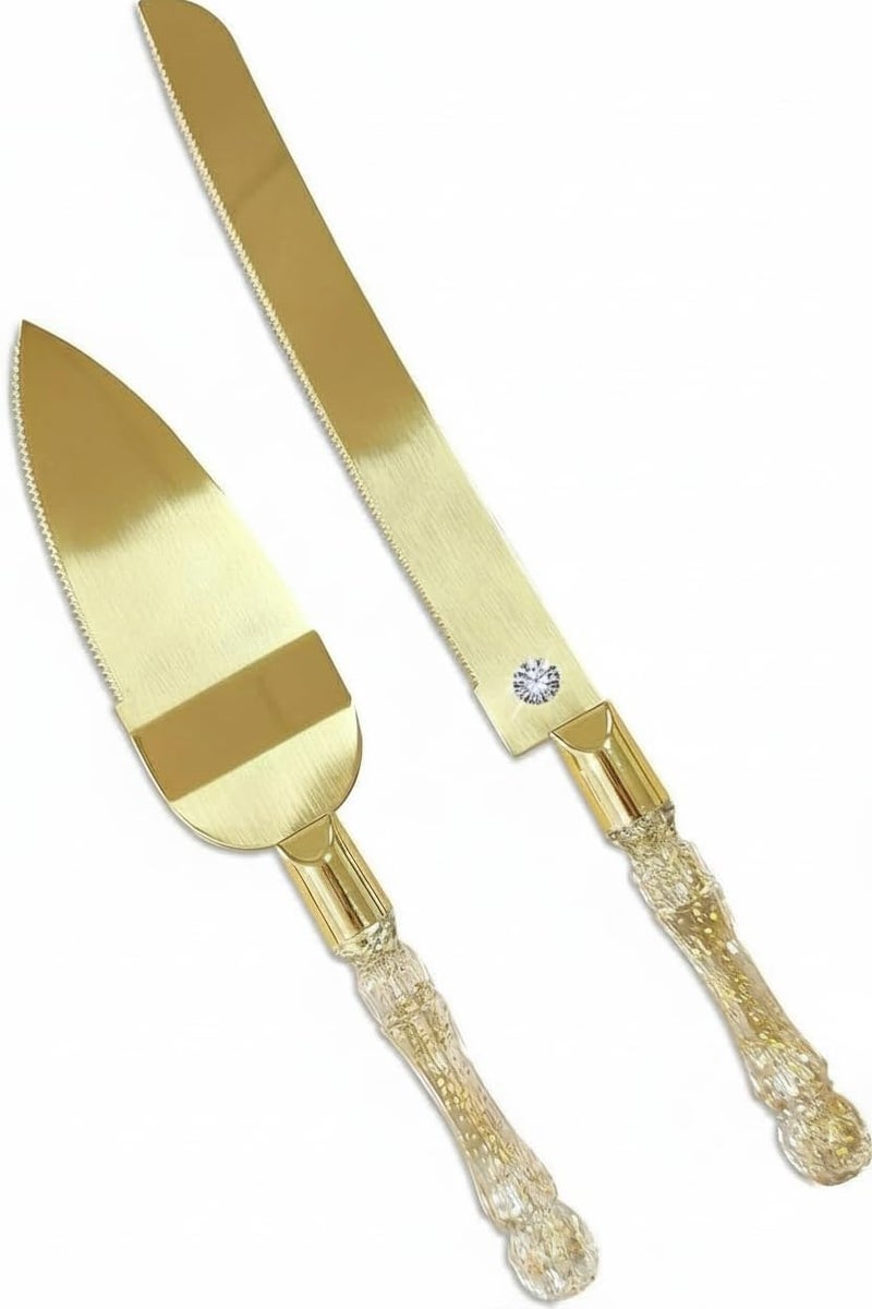 Homi styles Wedding Cake Knife and Server Set, Cake Cutter and Pie Spatula, Cake Server and Knife Set of 2 with Plastic Handles, Titanium Gold Plated Blades, Cutting Set for Birthdays, and Parties (Glitter Gold) - Image 1