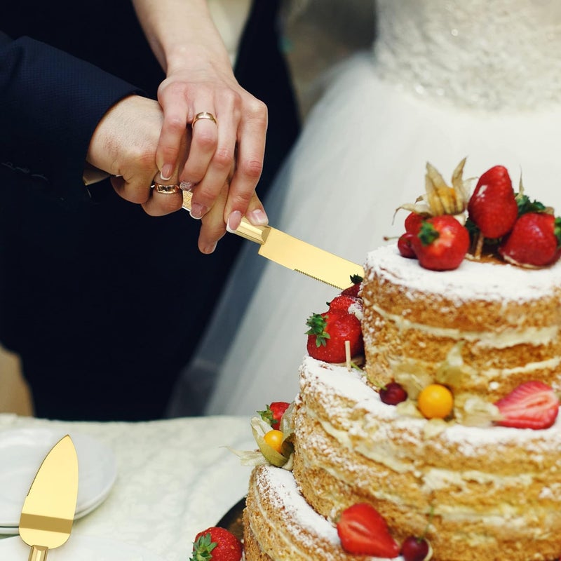 Homi styles Wedding Cake Knife and Server Set, Cake Cutter and Pie Spatula, Cake Server and Knife Set of 2 with Plastic Handles, Titanium Gold Plated Blades, Cutting Set for Birthdays, and Parties (Glitter Gold) - Image 4