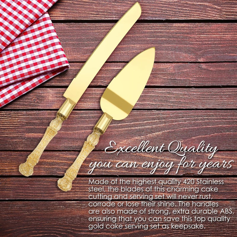 Homi styles Wedding Cake Knife and Server Set, Cake Cutter and Pie Spatula, Cake Server and Knife Set of 2 with Plastic Handles, Titanium Gold Plated Blades, Cutting Set for Birthdays, and Parties (Glitter Gold) - Image 3