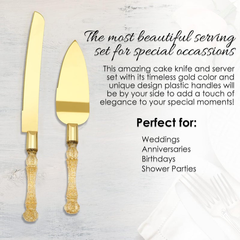 Homi styles Wedding Cake Knife and Server Set, Cake Cutter and Pie Spatula, Cake Server and Knife Set of 2 with Plastic Handles, Titanium Gold Plated Blades, Cutting Set for Birthdays, and Parties (Glitter Gold) - Image 2
